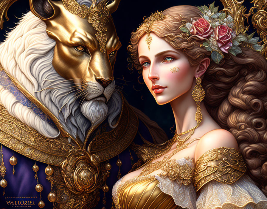 Regal woman with golden jewelry and majestic lion in illustrated fantasy scene