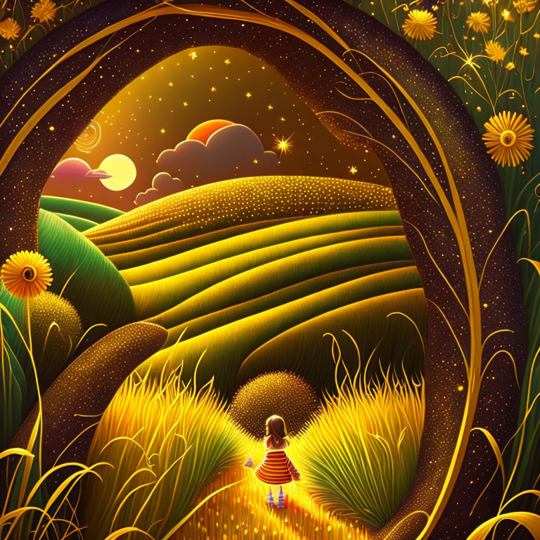 Child walking in golden field under starry sky and sunflower arch.