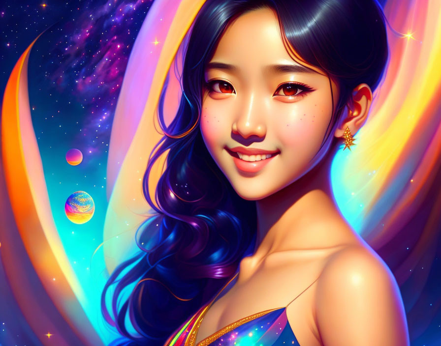 Smiling woman portrait in cosmic digital art