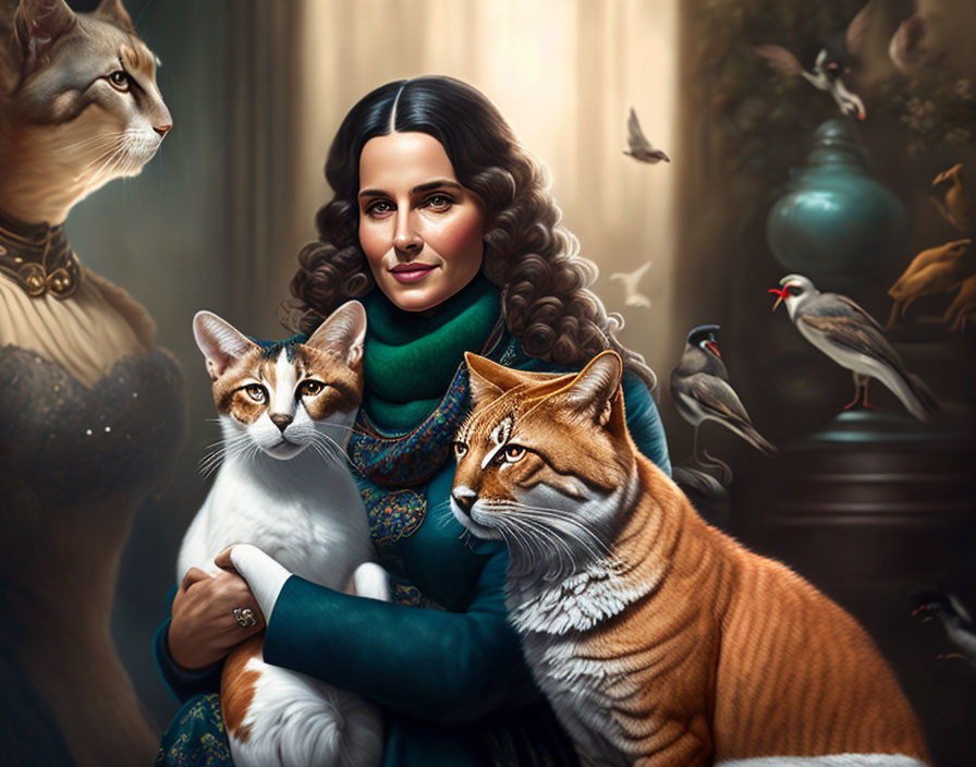 Woman with wavy hair in turquoise turtleneck holding cats surrounded by birds and creatures