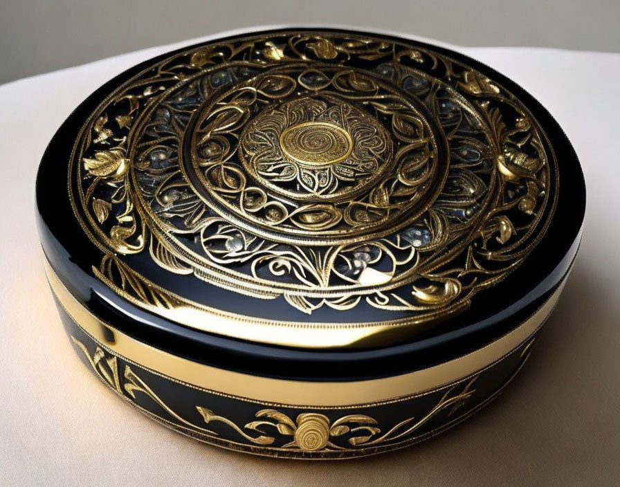 Circular Black and Gold Ornate Container with Intricate Patterns