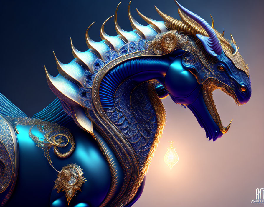 Majestic blue and golden dragon with ornamental designs on gradient background