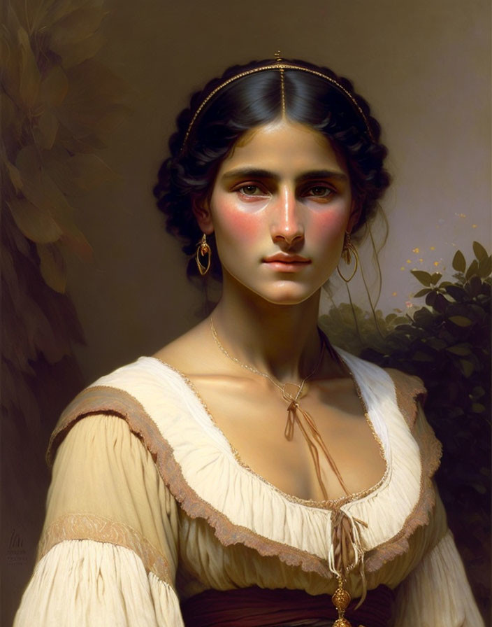 Classical portrait of woman in cream dress with dark hair