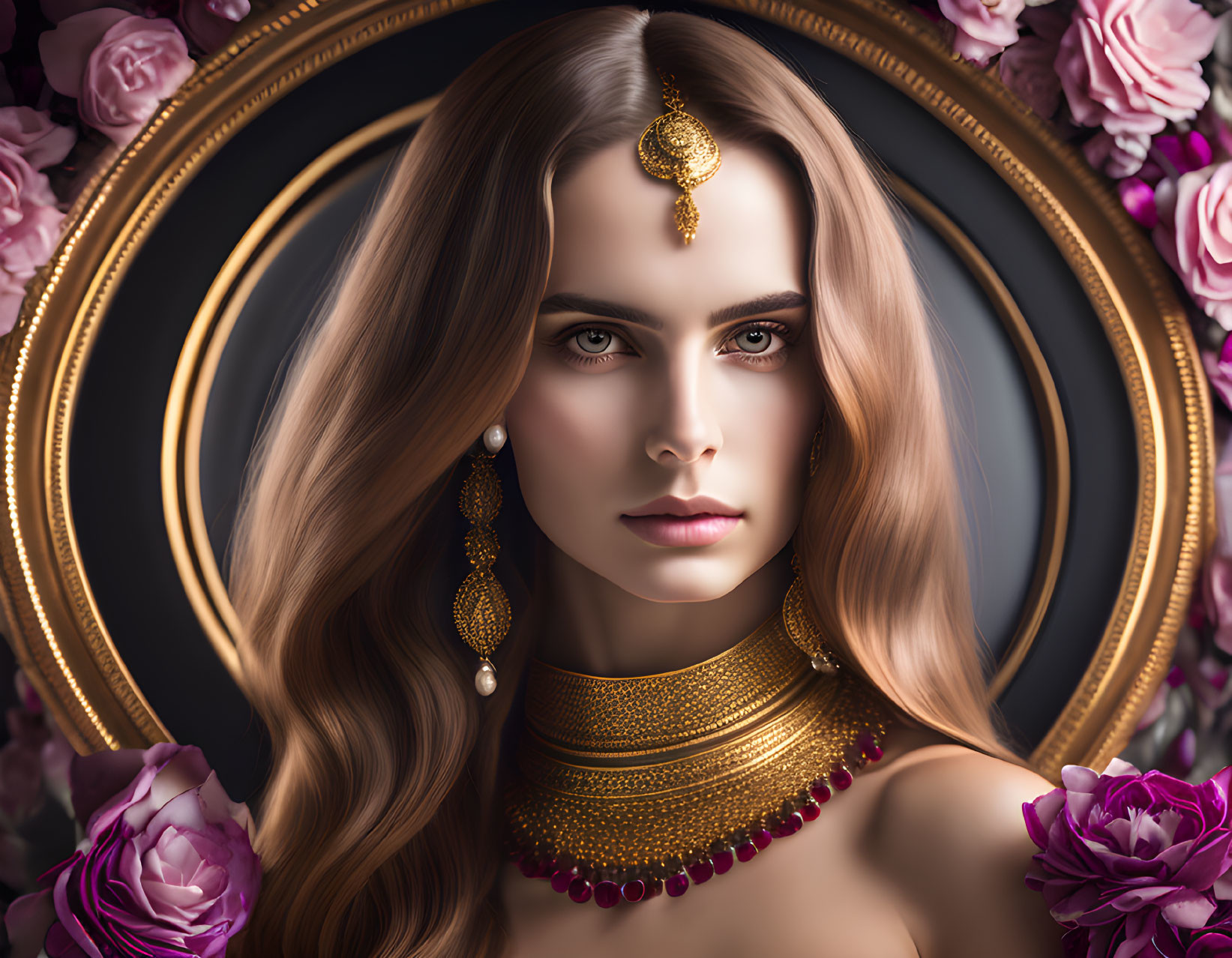 Portrait of a Woman with Gold Jewelry and Roses on Dark Background