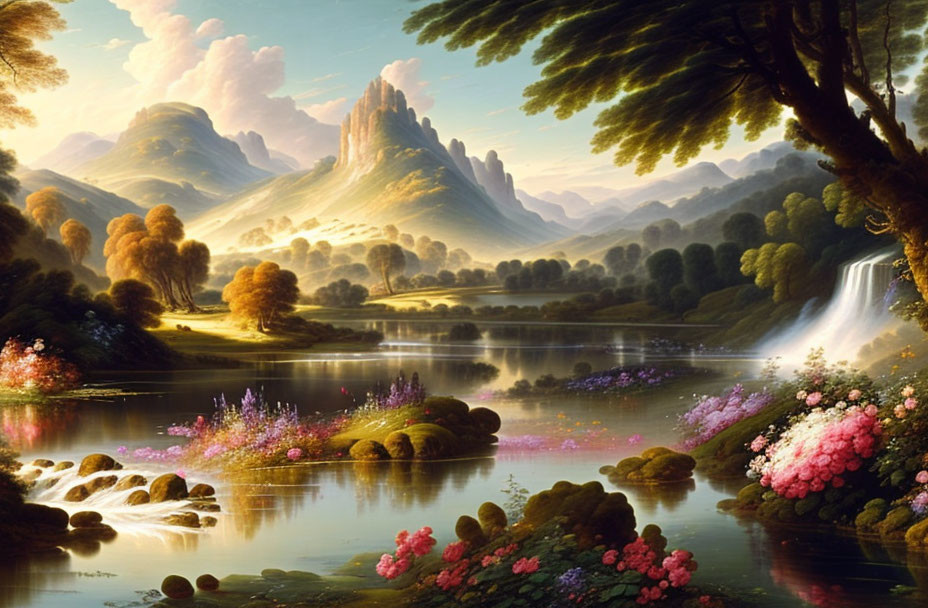 Tranquil fantasy landscape with lush greenery, serene lake, waterfall, and mountain peaks