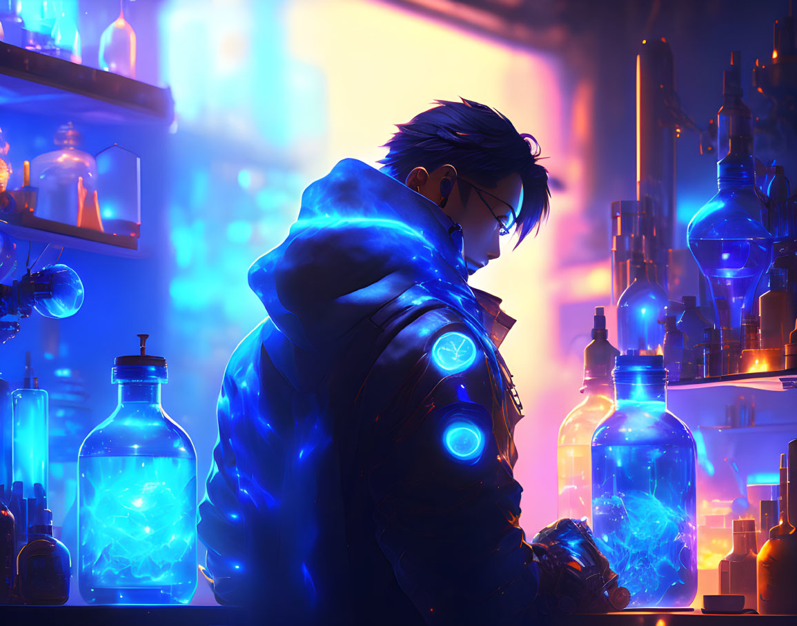 Glowing blue accents person in futuristic lab with luminous bottles