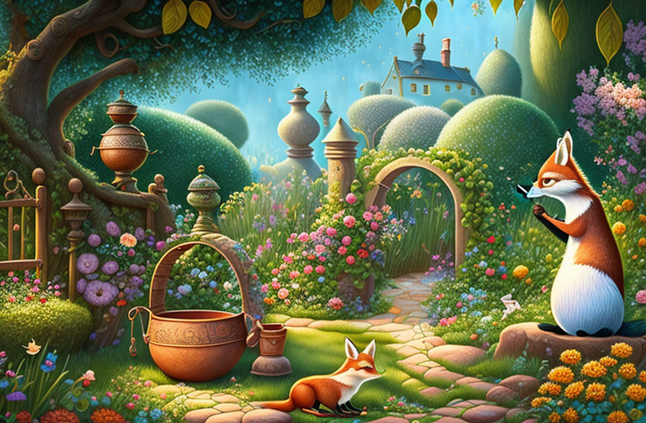 Lush Garden Scene with Foxes, Flowers, and Cottage