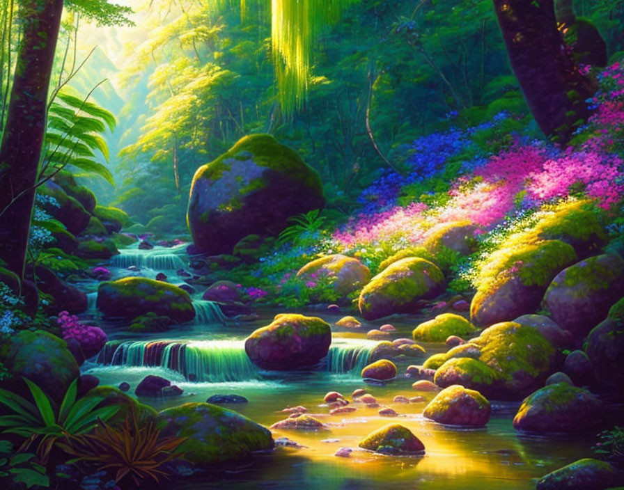 Lush Forest Scene: Stream, Mossy Boulders, Flowers, Sunlight Beams