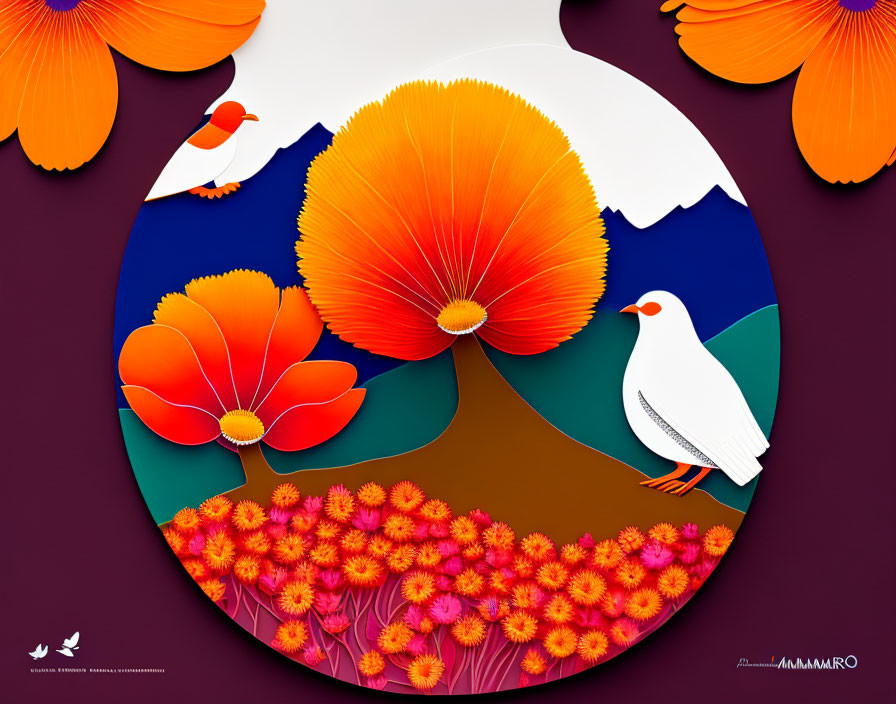 Circular illustration of vibrant flowers, birds, and mountains on dark background in orange and red tones