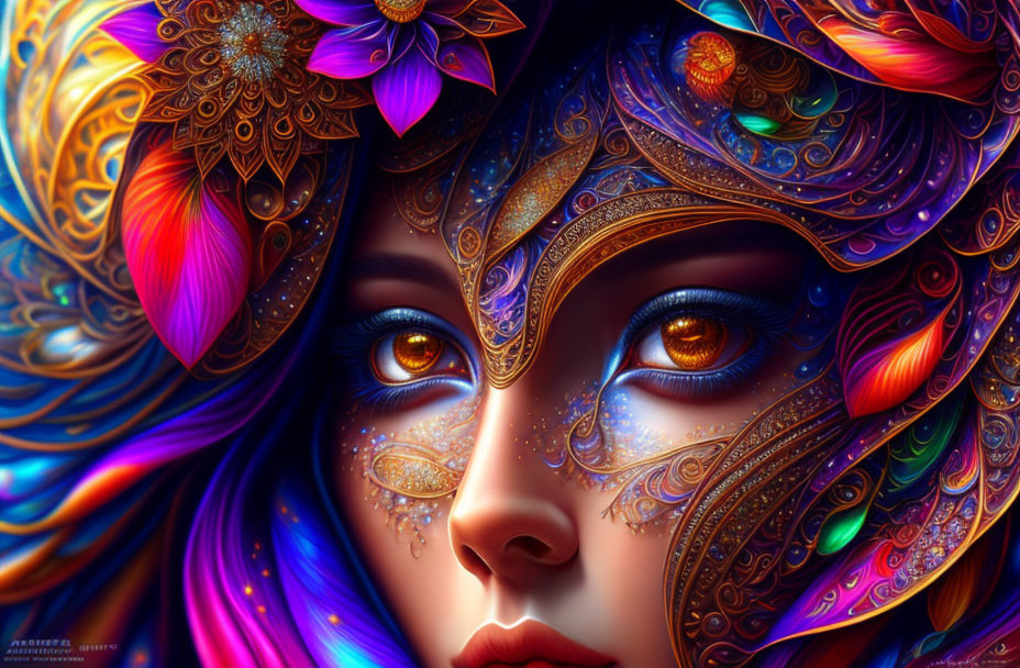 Vibrant digital artwork of a woman with colorful hair and ornate facial decorations