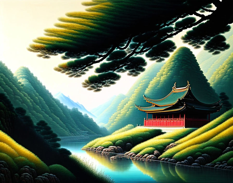 Traditional Asian landscape: Temple, lush mountains, dense forests, calm waters