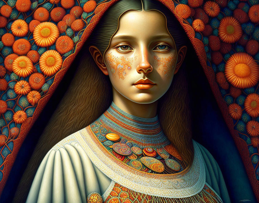 Portrait of a girl with blue and orange tones and floral patterns