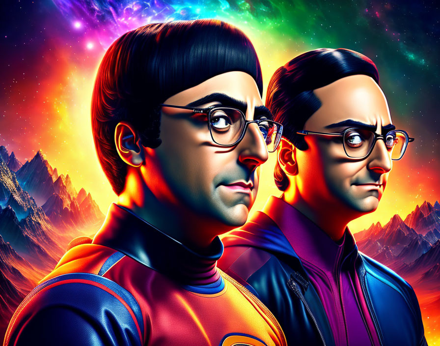 Stylized characters in retro futuristic outfits against cosmic backdrop