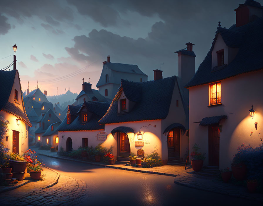 Charming cobblestone street at dusk with traditional houses and street lamps