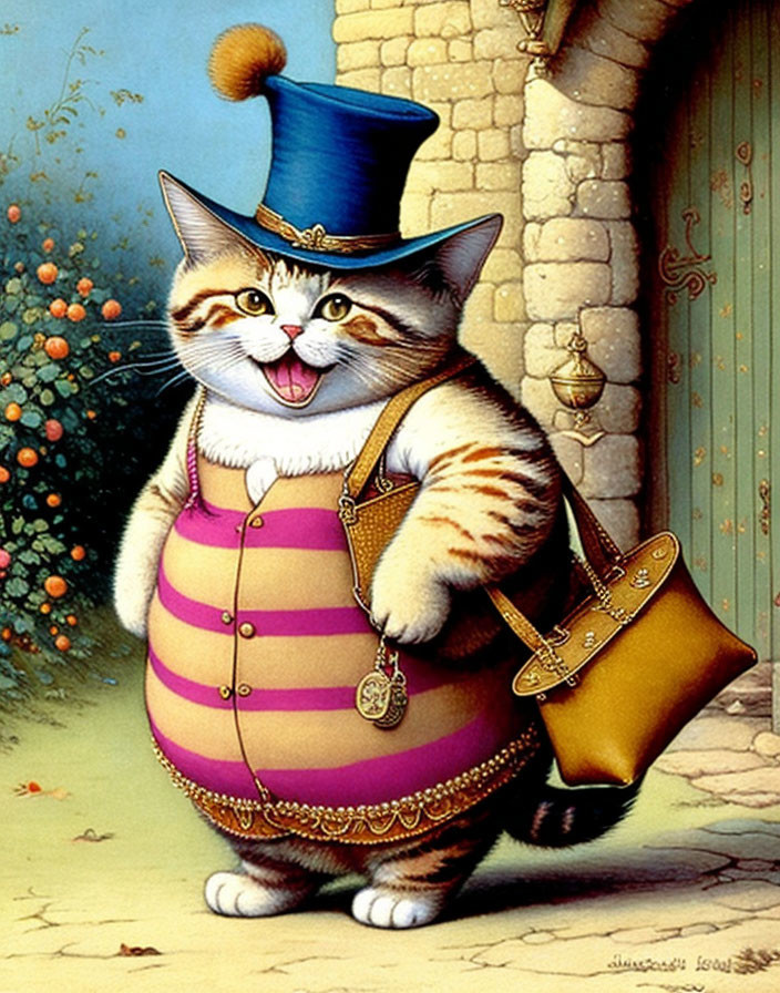 Whimsical anthropomorphic cat in striped vest and top hat carrying briefcase