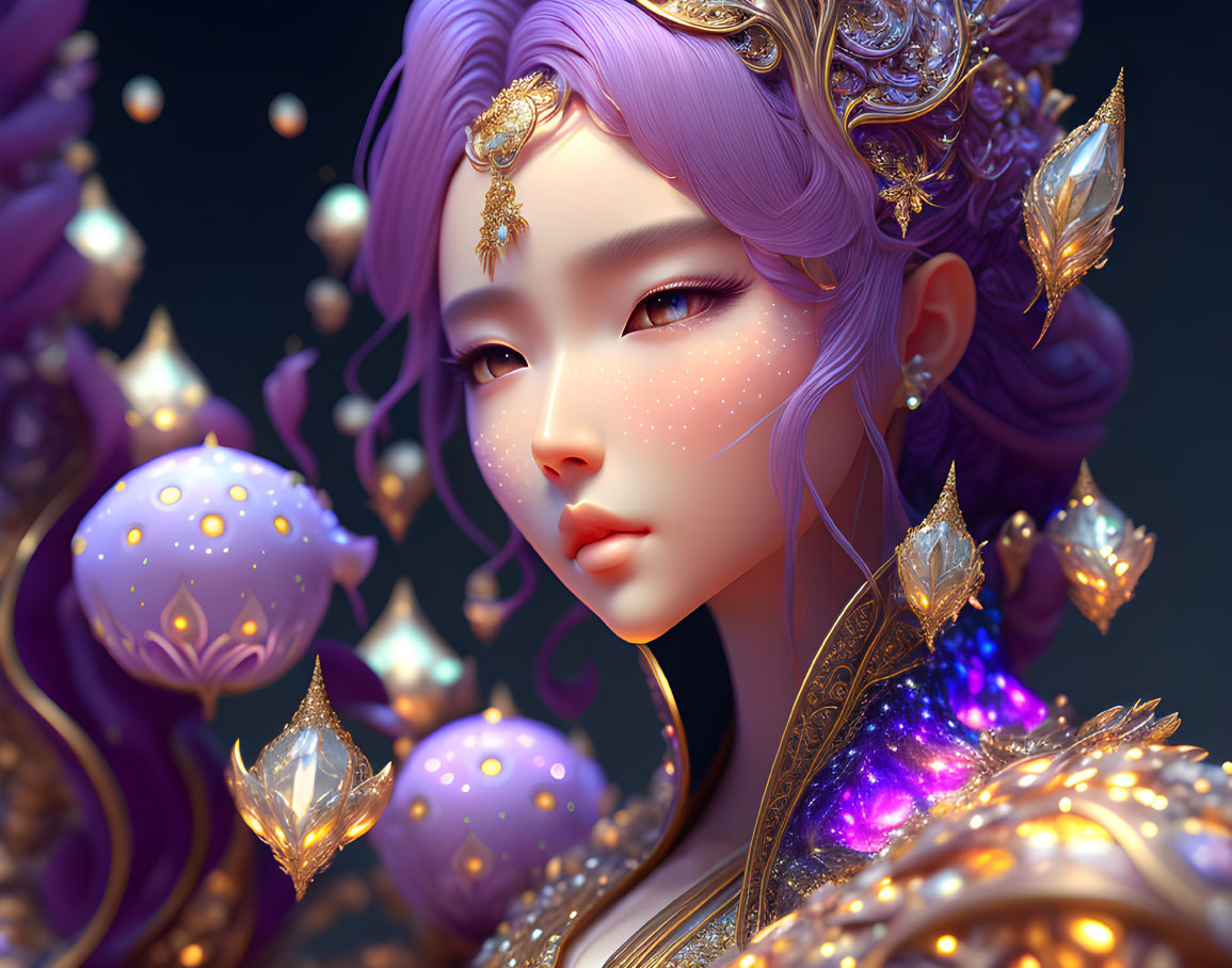 Fantasy character with purple hair and golden jewelry among crystals