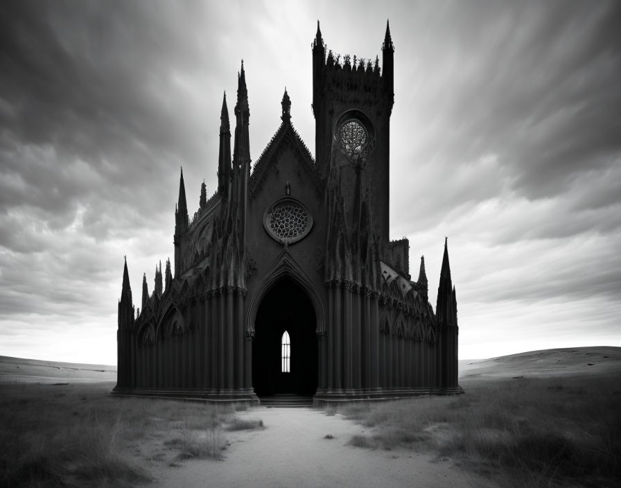 Gothic cathedral in black and white with pointed arches and spires