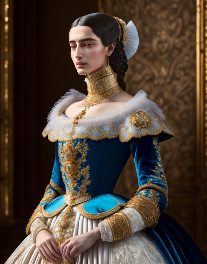 Historical woman in blue and gold dress with lace collar in ornate room