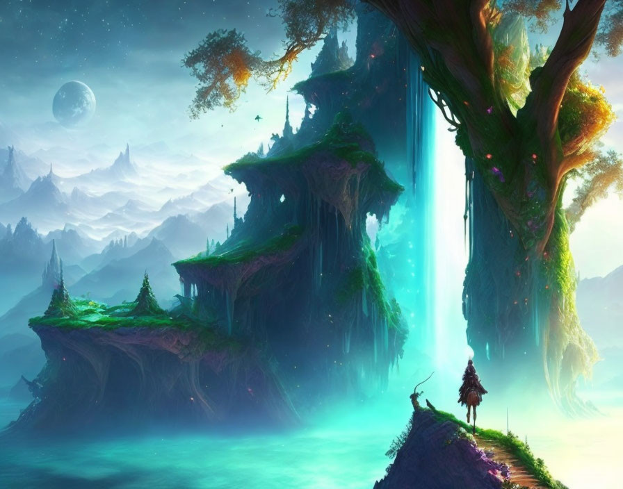 Mystical landscape with floating islands, giant tree, waterfalls, mountains, moonlit sky