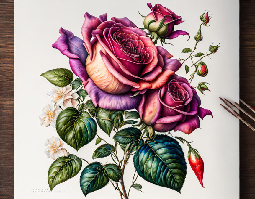 Colorful drawing of purple and pink roses with green leaves and white flowers on a table with pencils