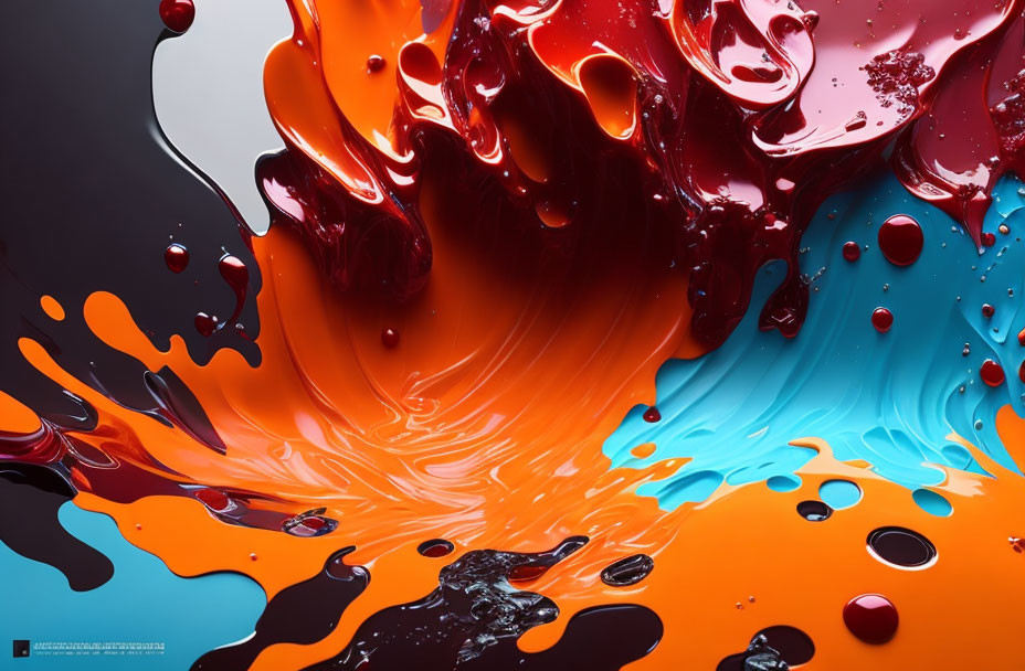 Abstract fluid art: Red, orange, and blue inks blend in vibrant display