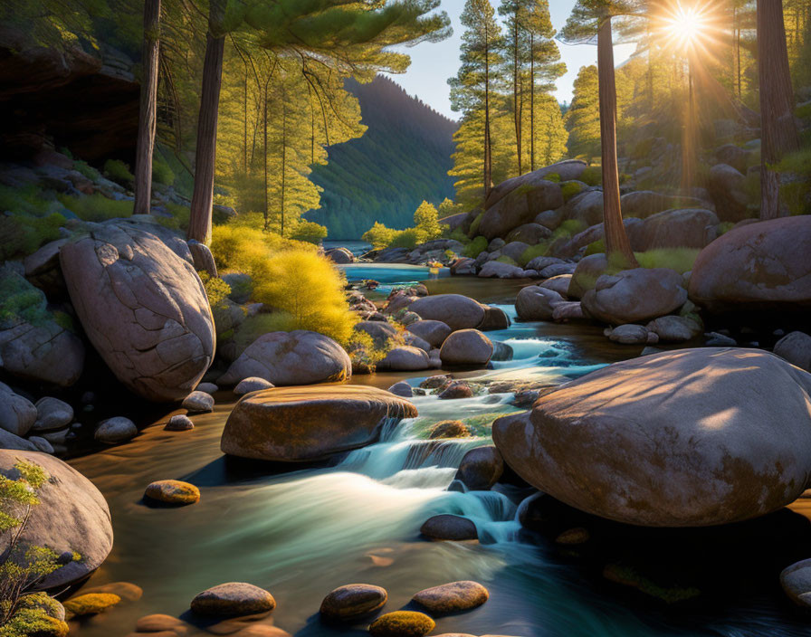 Tranquil forest stream with sunlight, pine trees, rocks, and greenery