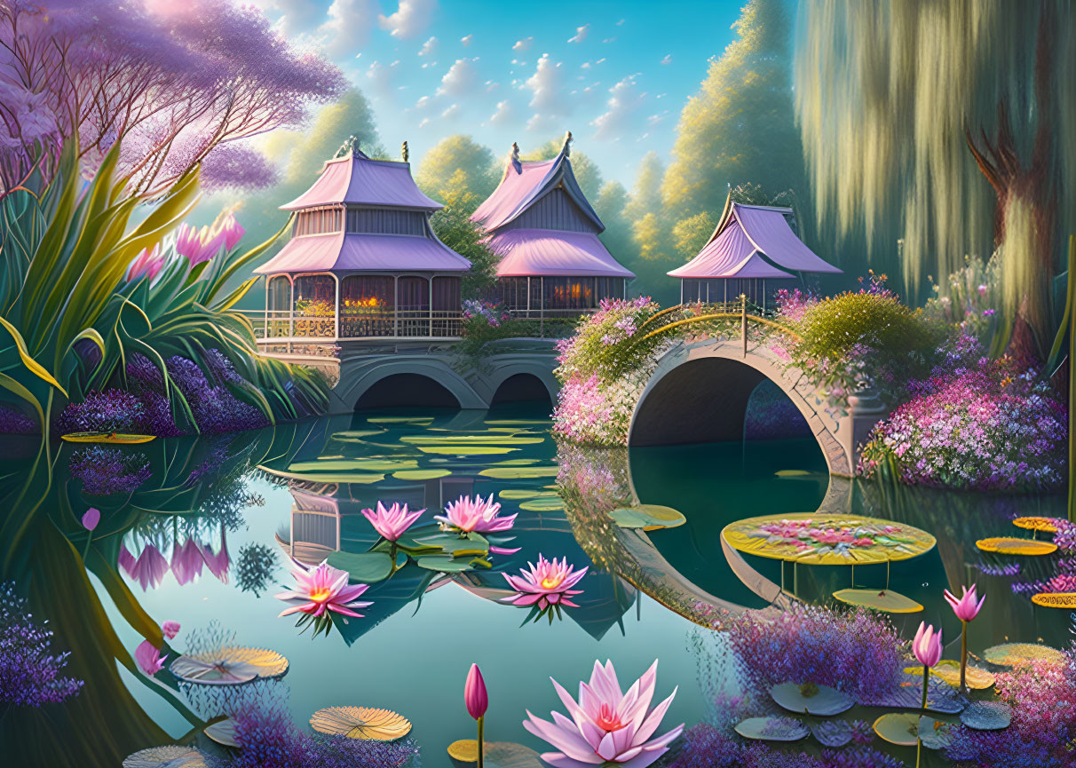 Tranquil Asian-style fantasy landscape with stone bridge and lush flora