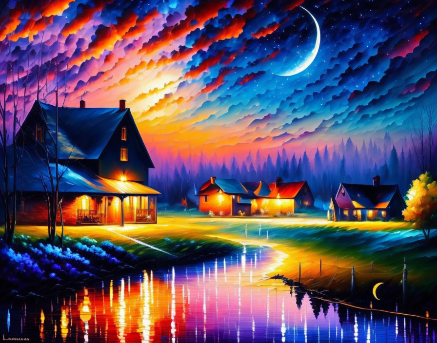 Riverside scene painting: houses, twilight sky, crescent moon.