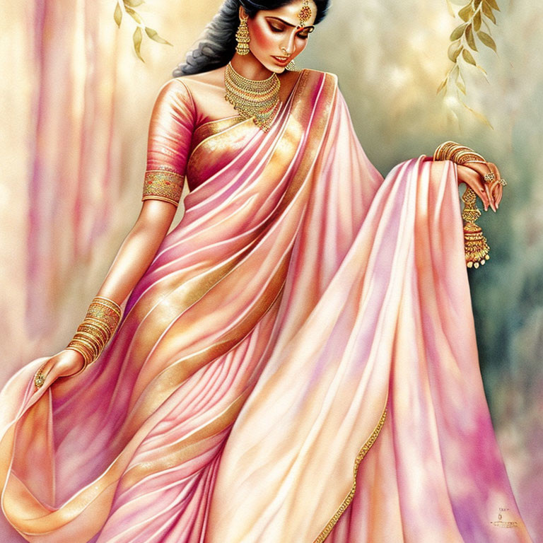 Traditional pink saree illustration with gold jewelry on woman