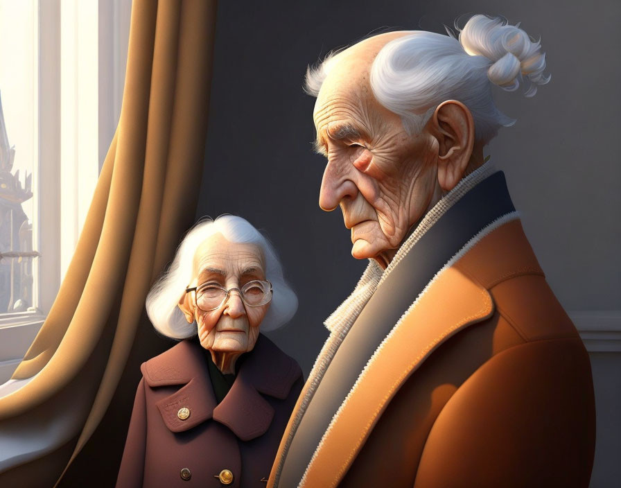 Elderly animated couple in warm light by window