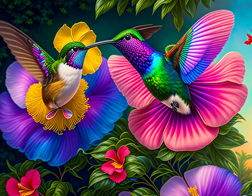 Vibrant hummingbirds over pink flowers and lush green foliage