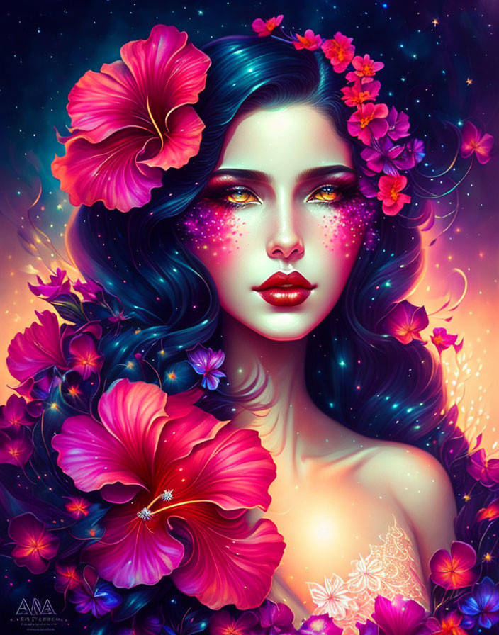 Colorful illustration: Woman with blue hair, pink flowers, starry skin in cosmic setting