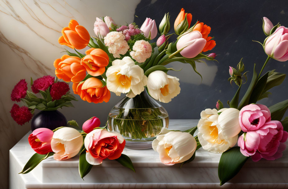 Colorful Tulip Bouquet in Glass Vase on Marble Surface with Patterned Backdrop