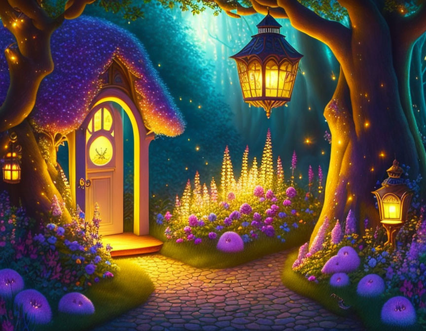 Enchanted forest night scene with glowing flowers, trees, lanterns, and magical door