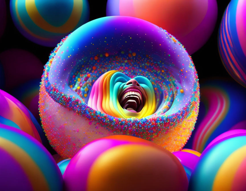 Colorful spheres with swirling portal and joyful human mouth in surreal artwork