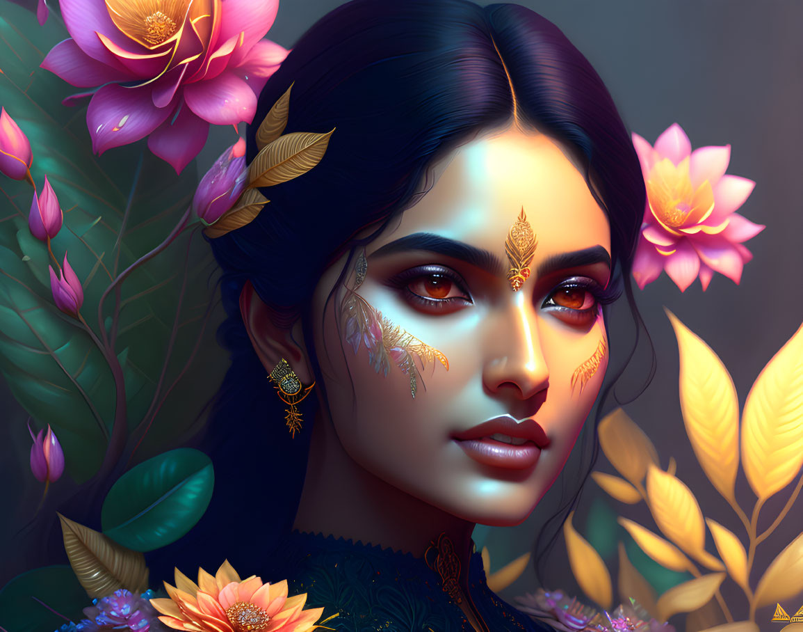 Digital portrait of woman with gold facial decorations among pink lotus flowers