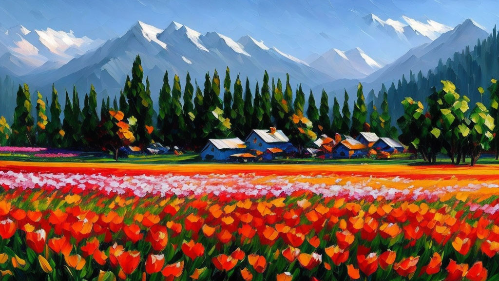 Colorful Tulip Field with Cottages and Mountains