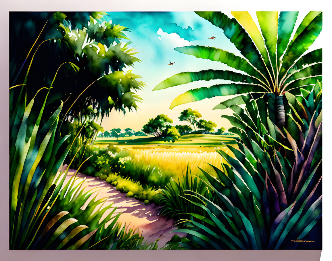 Colorful watercolor painting of lush tropical landscape with path, golden field, blue skies, and birds