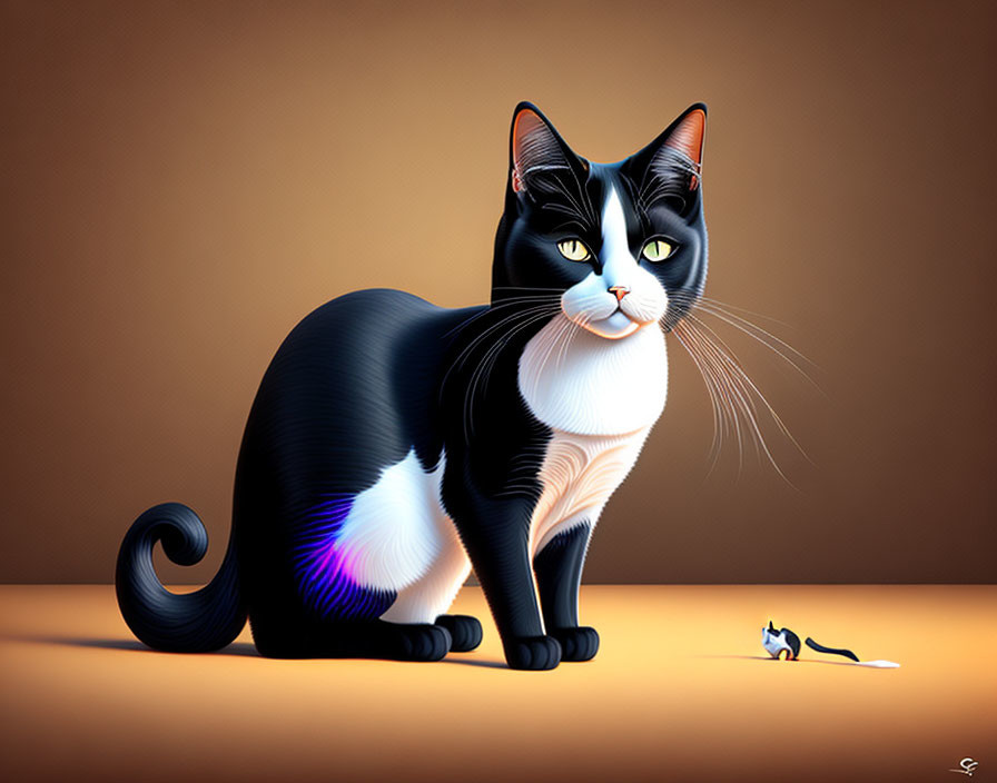 Digital Art: Black and White Cat with Green Eyes and Mouse