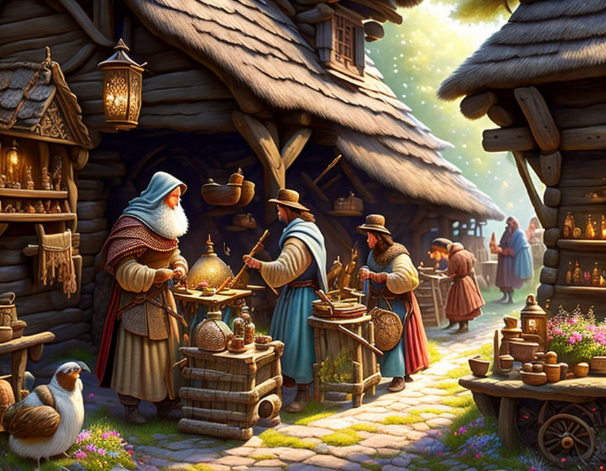 Medieval market scene with thatched-roof stalls, townsfolk, and a duck in warm light