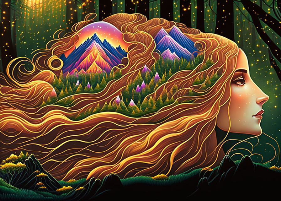 Illustration of woman's profile merging with vibrant landscape