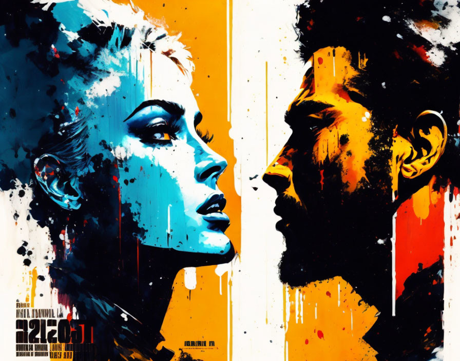 Colorful Artwork: Man and Woman Profiles in Blue-Orange Split