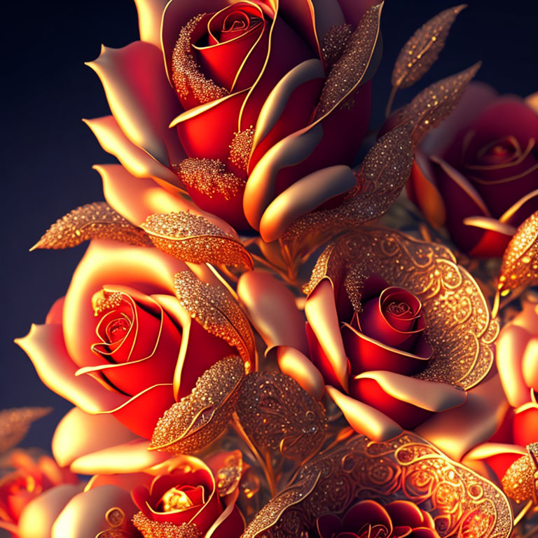 Stylized red and gold roses with intricate patterns on dark background