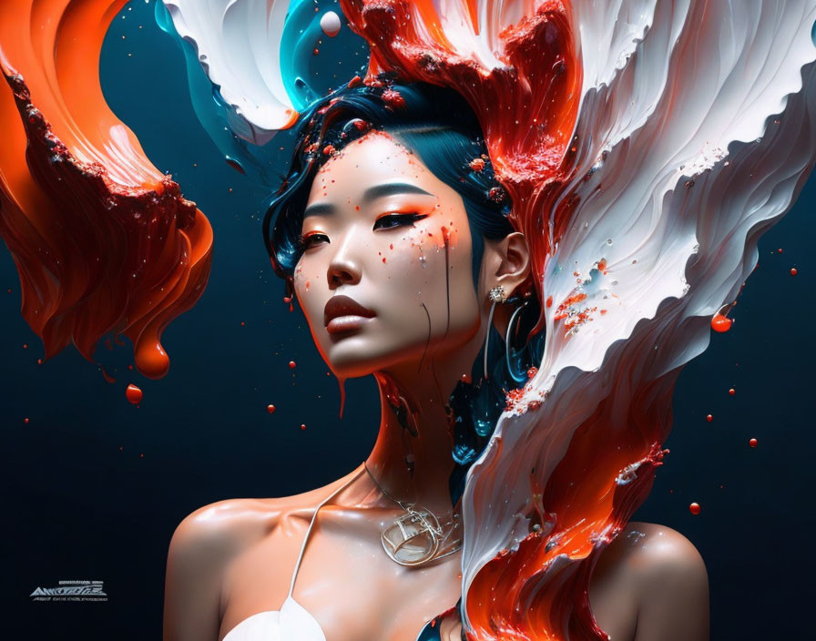 Blue-haired woman with red and white paint splashes on dynamic background