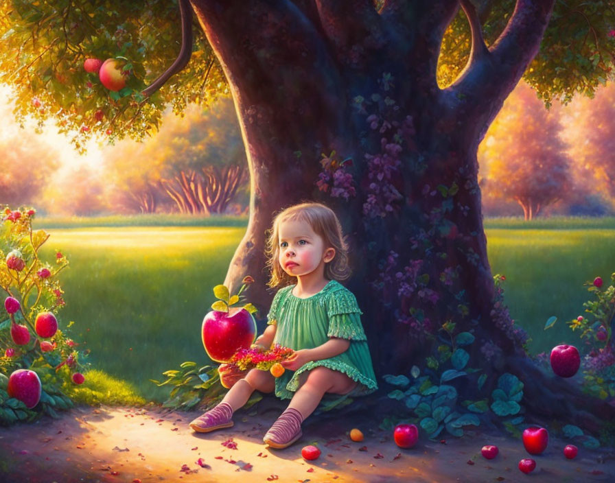 Child with red apple under large tree in lush orchard