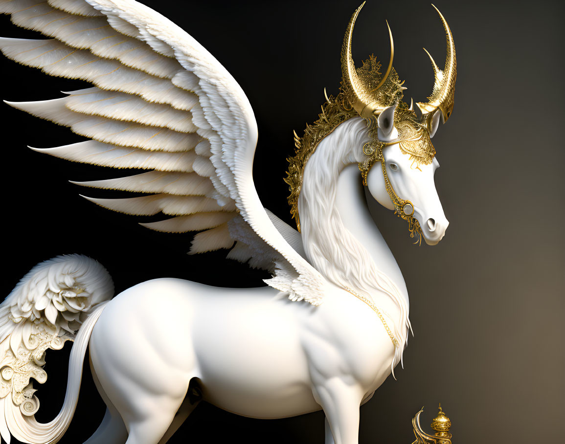 Majestic winged unicorn with golden headpiece and bridle on dark background