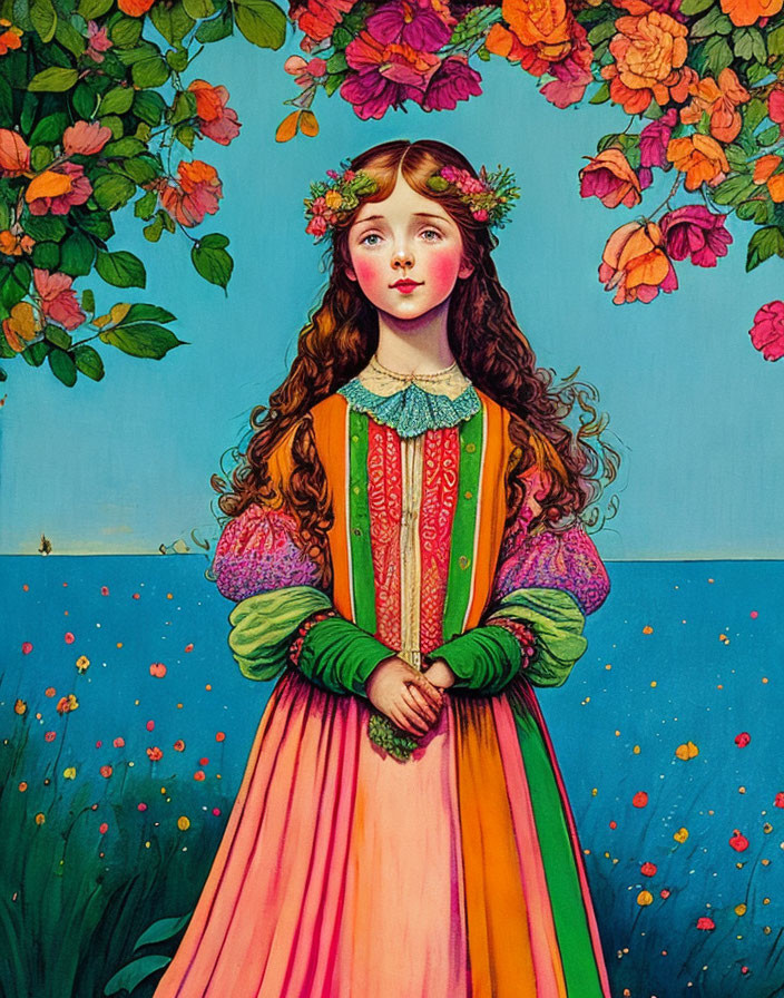 Young girl with floral wreath in vibrant period dress against floral backdrop