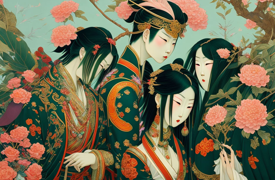 Illustration of four individuals in traditional Asian attire amidst lush flora and pink flowers.