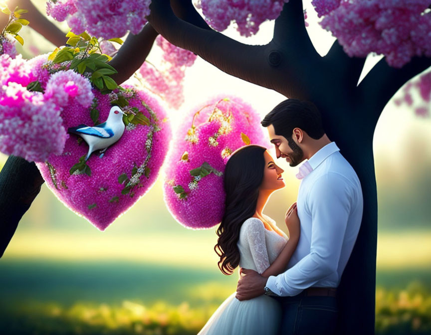 Romantic couple kissing under tree with heart-shaped pink blossoms