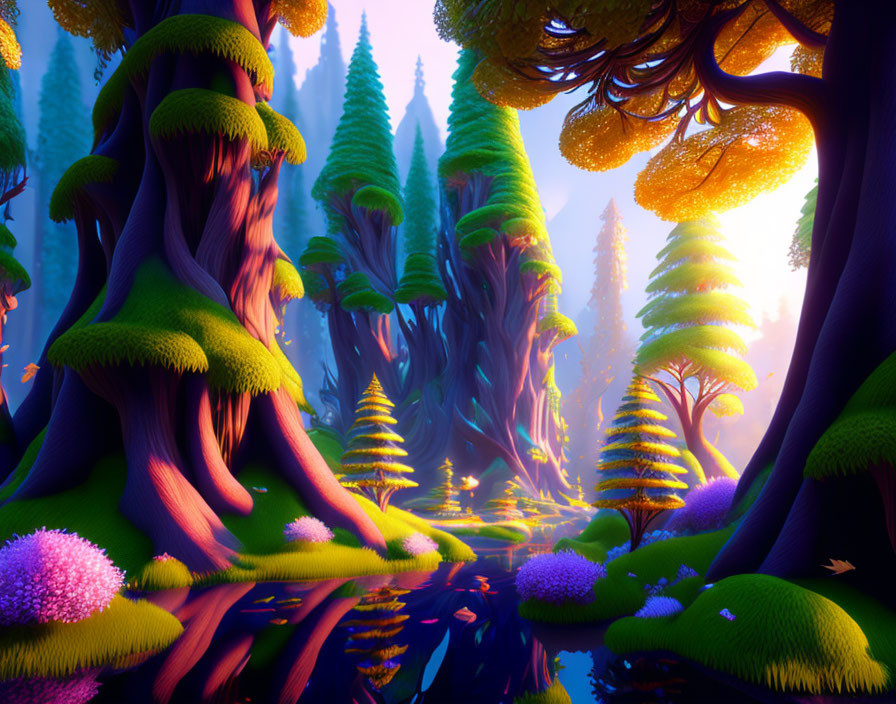 Colorful digital forest with giant trees and magical lights at sunrise or sunset